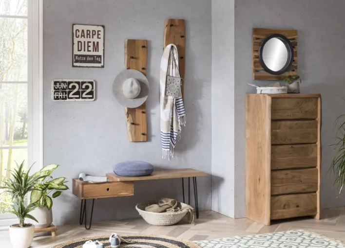 Wandgarderobe 99 x 22,5 cm Akazie mit Baumkante natur