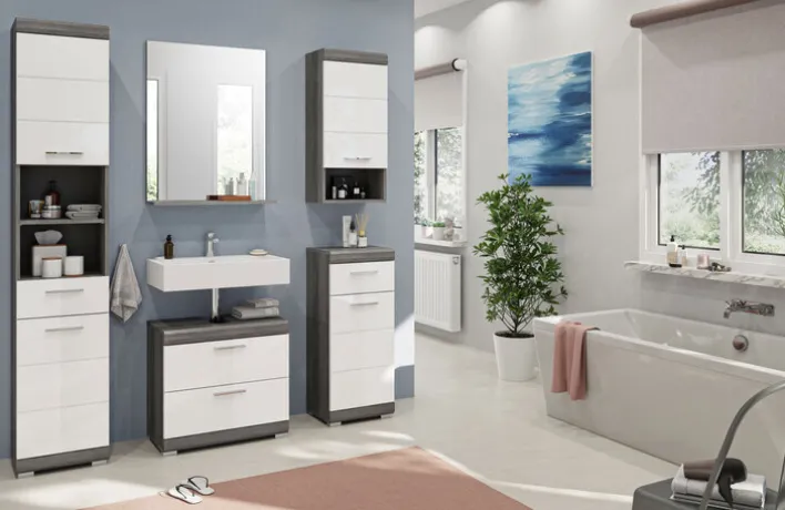 Waschbeckenunterschrank SCOUT 60 x 56 cm grau/ weiß Hochglanz