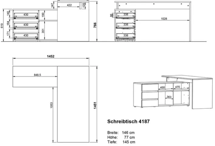 Winkelschreibtisch LISSABON 146 x 145 cm Graphit/ Navarra Eiche